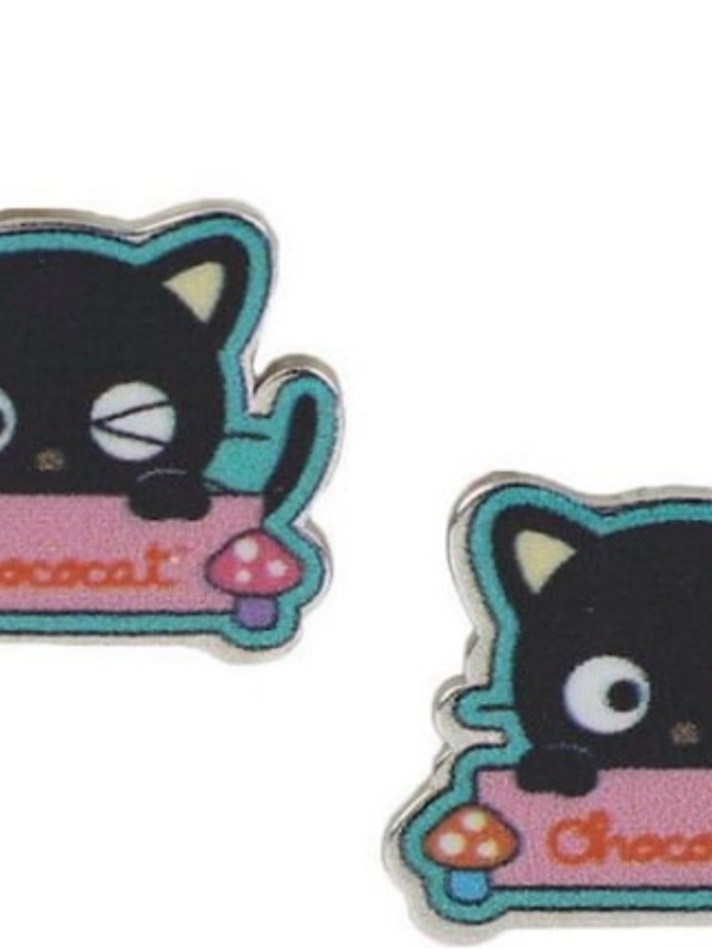 Sanrio Chococat Black Pink Teal Mushroom Enamel Earrings
